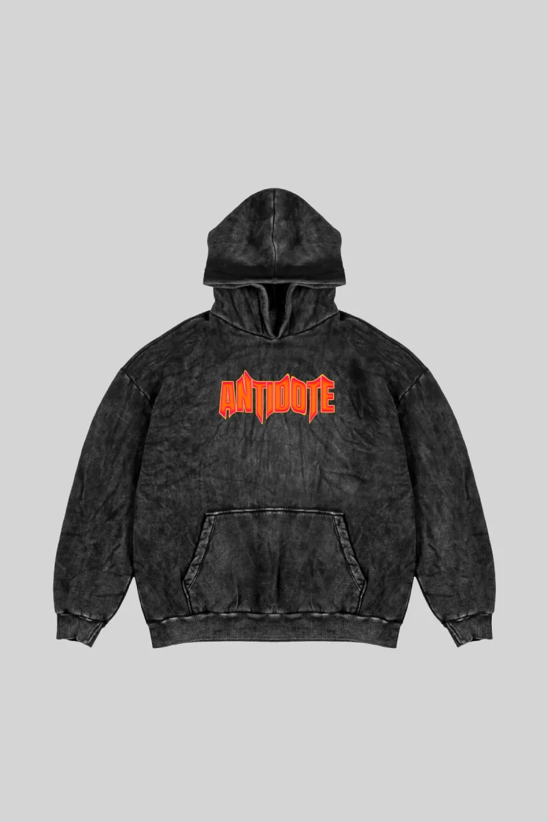 Yıkamalı Siyah Antidote Baskılı Oversize Unisex Hoodie