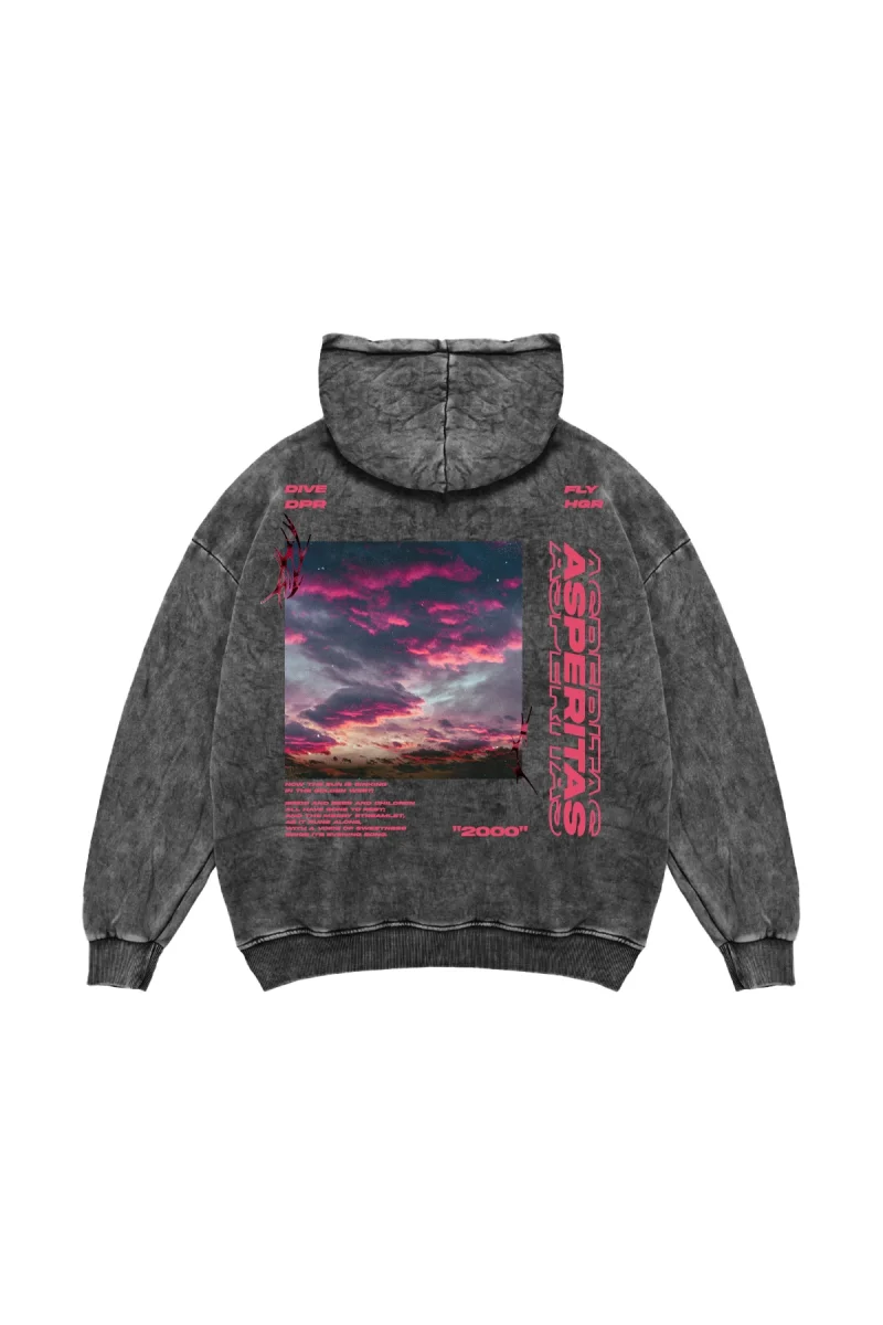 Yıkamalı Siyah Asperitas Sırt Baskılı Oversize Unisex Hoodie