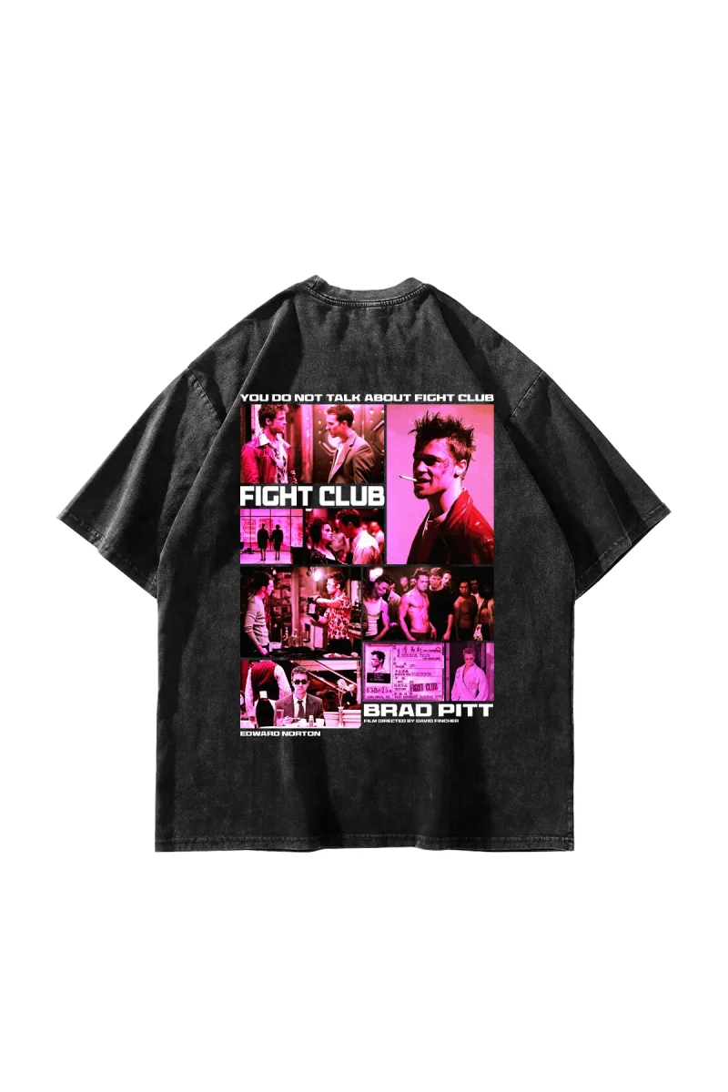 Yıkamalı Siyah Fight Club Oversize Baskılı Unisex Tişört
