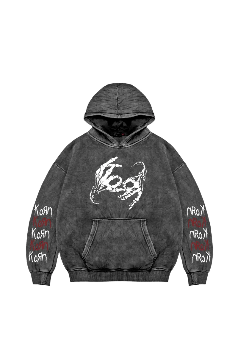 Yıkamalı Siyah Korn Baskılı Oversize Unisex Hoodie