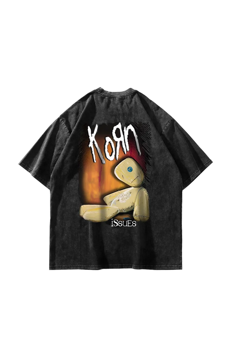 Yıkamalı Siyah Korn Sırt Baskılı Oversize Unisex Tshirt