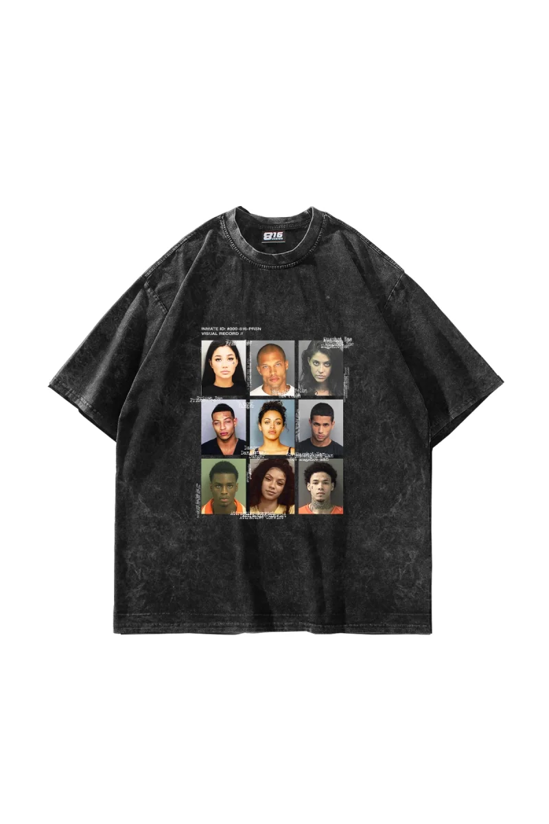 Yıkamalı Siyah Mugshot Baskılı Oversize Unisex Tişört