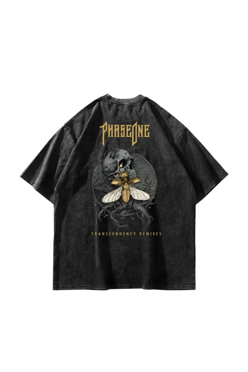 Yıkamalı Siyah Phaseone Sırt Baskılı Unisex Oversize Tshirt