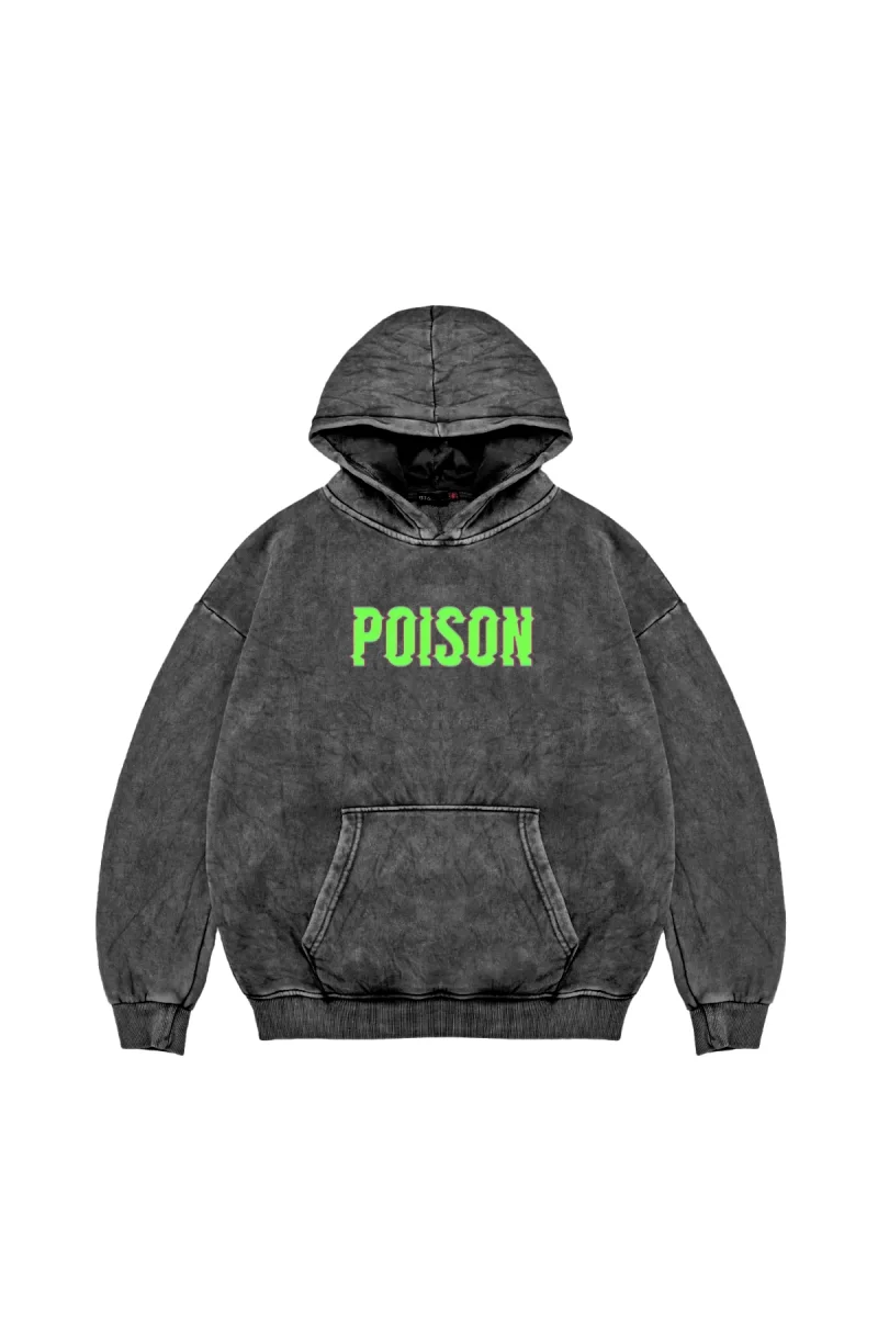 Yıkamalı Siyah Poison Baskılı Oversize Unisex Hoodie