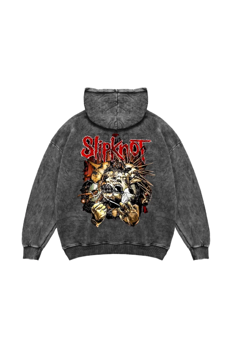 Yıkamalı Siyah Slipknot Sırt Baskılı Oversize Unisex Hoodie