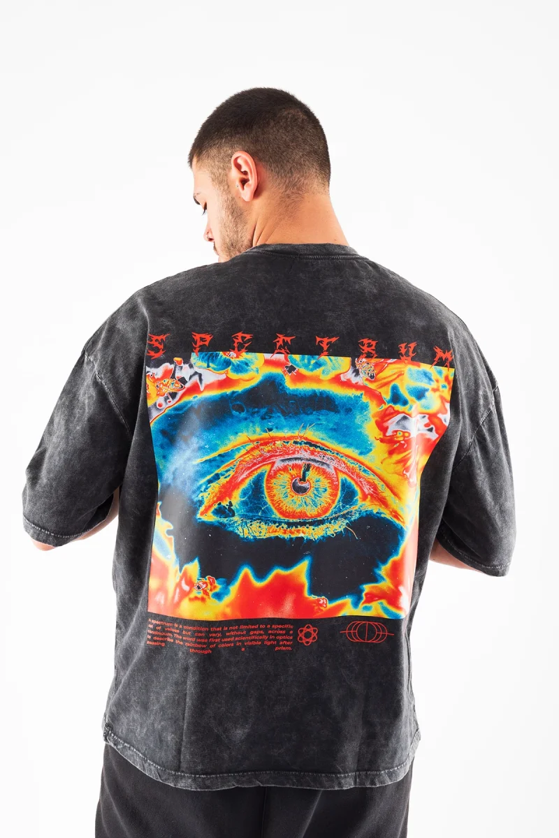 Yıkamalı Siyah Spectrum Baskılı Oversize Unisex Tshirt