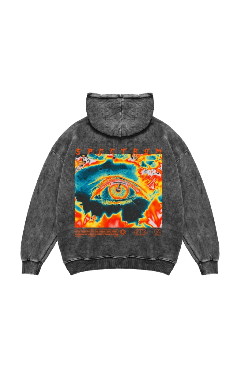 Yıkamalı Siyah Spectrum Sırt Baskılı Oversize Unisex Hoodie