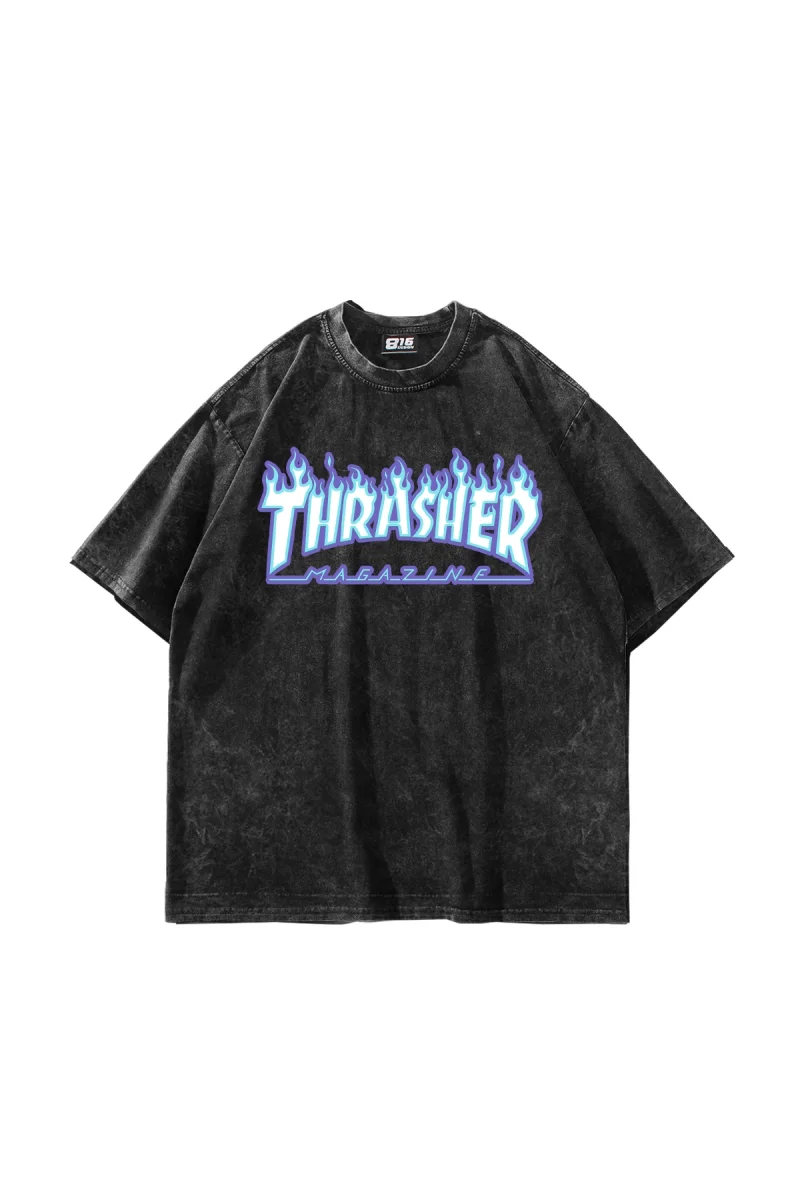 Yıkamalı Siyah Thrasher Flam Baskılı Oversize Unisex Tshirt