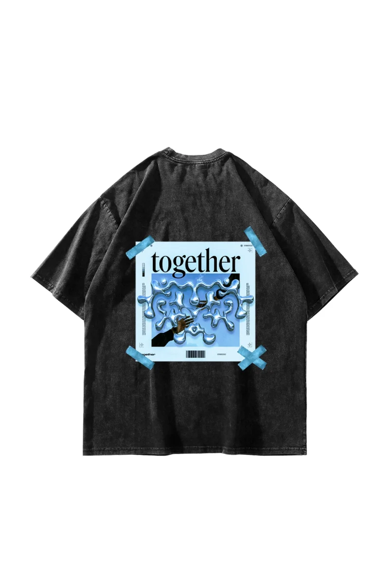 Yıkamalı Siyah Together Sırt Baskılı Oversize Unisex Tshirt