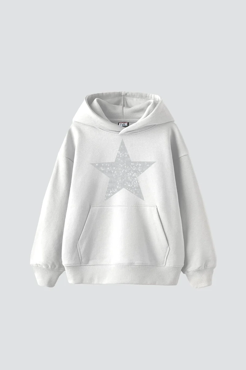 Yıldız Taş Baskılı Oversize Unisex Beyaz Hoodie