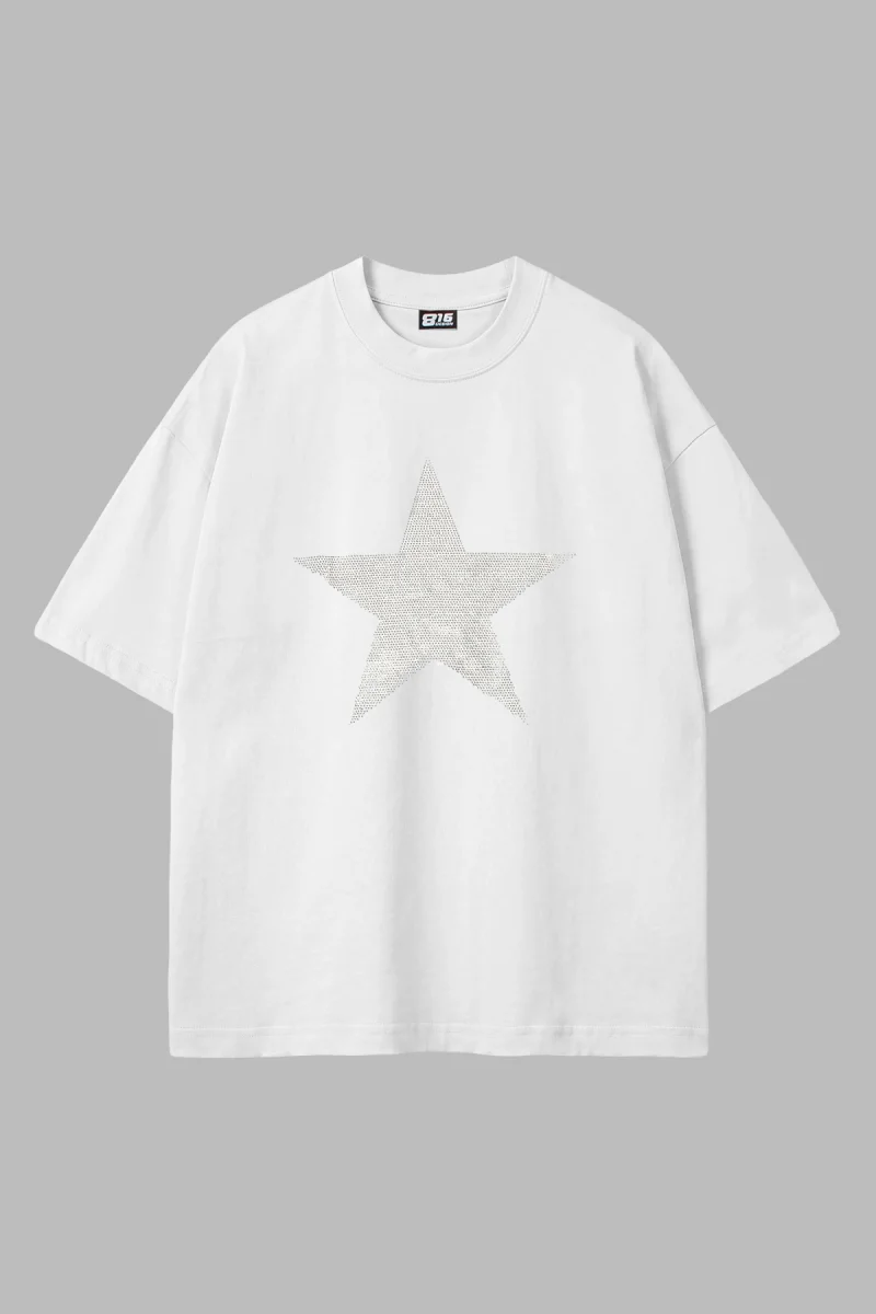 Yıldız Taş Baskılı Oversize Unisex Beyaz Tshirt