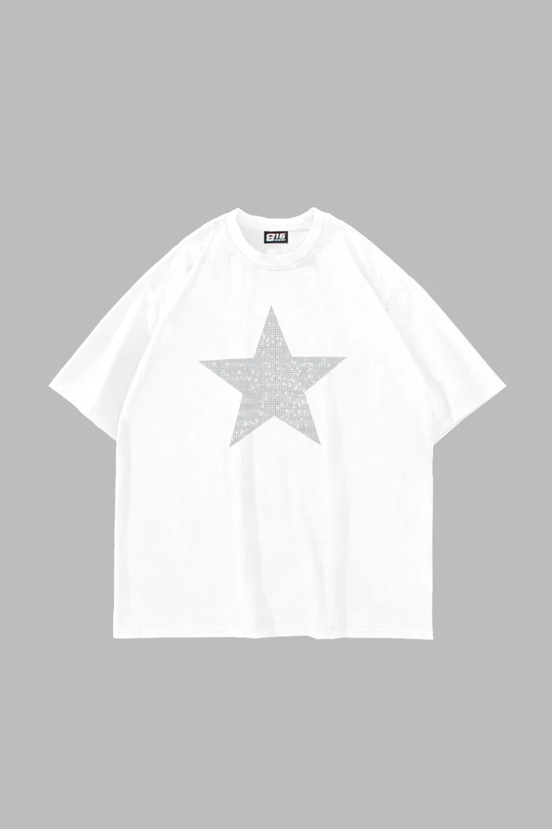 Yıldız Taş Baskılı Oversize Unisex Beyaz Tshirt