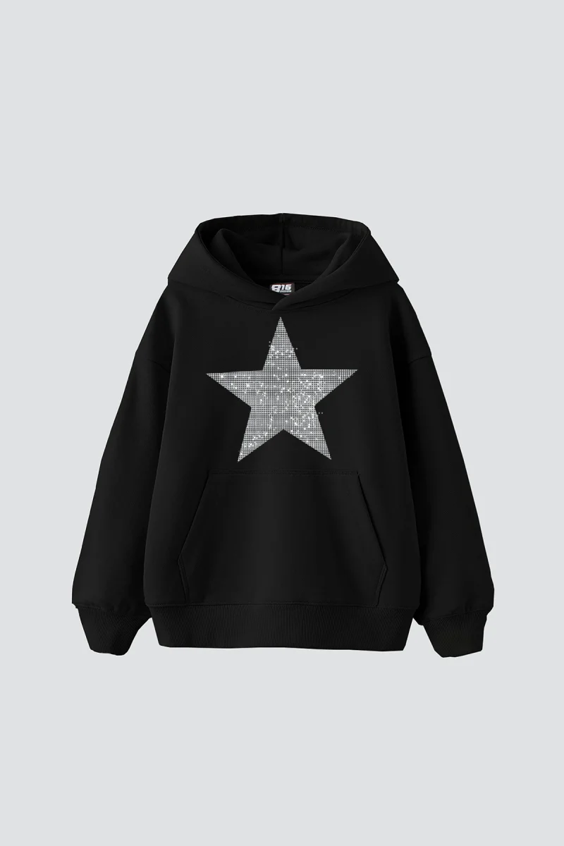 Yıldız Taş Baskılı Oversize Unisex Siyah Hoodie
