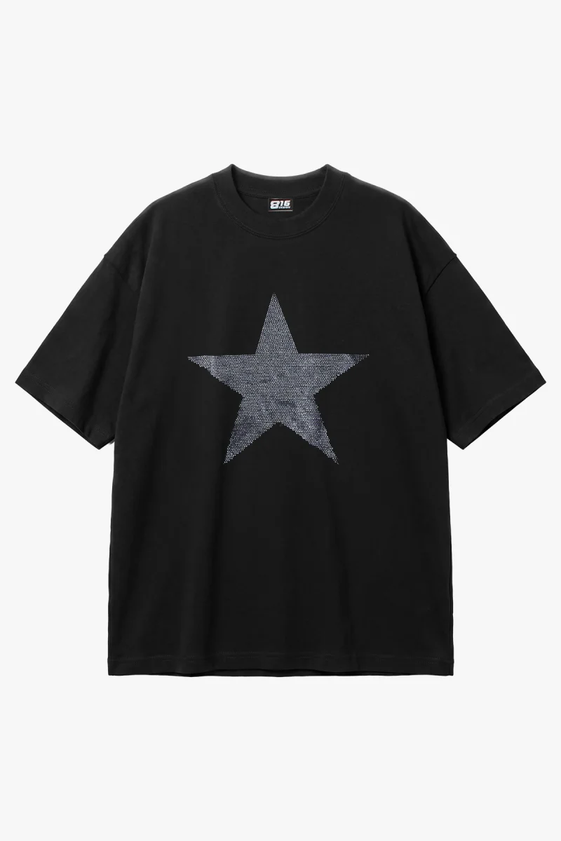 Yıldız Taş Baskılı Oversize Unisex Siyah Tshirt