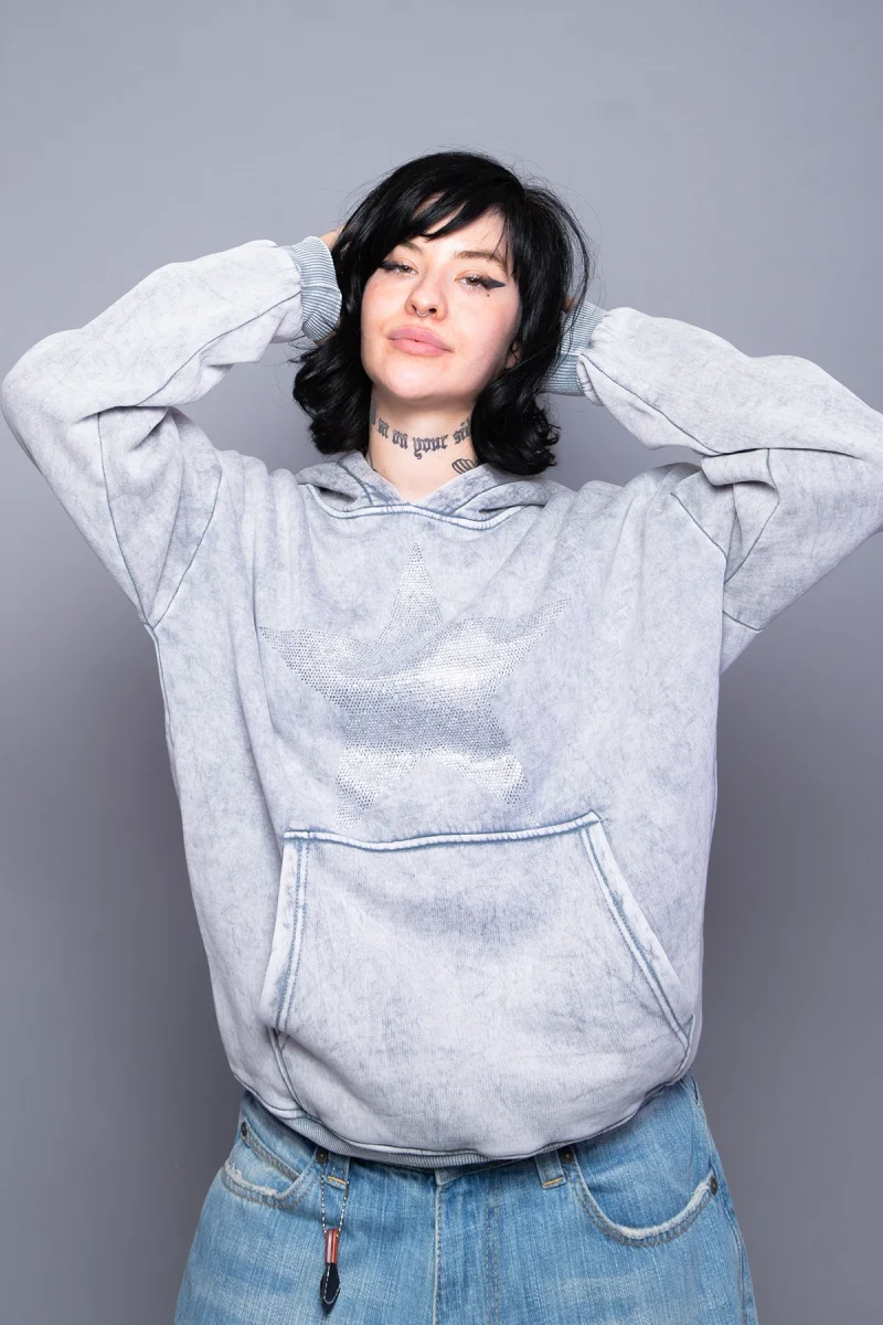 Yıldız Taş Baskılı Oversize Unisex Yıkamalı Beyaz Hoodie