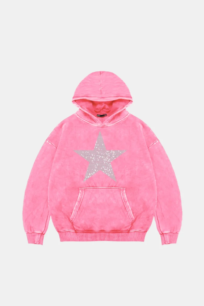 Yıldız Taş Baskılı Oversize Unisex Yıkamalı Pembe Hoodie