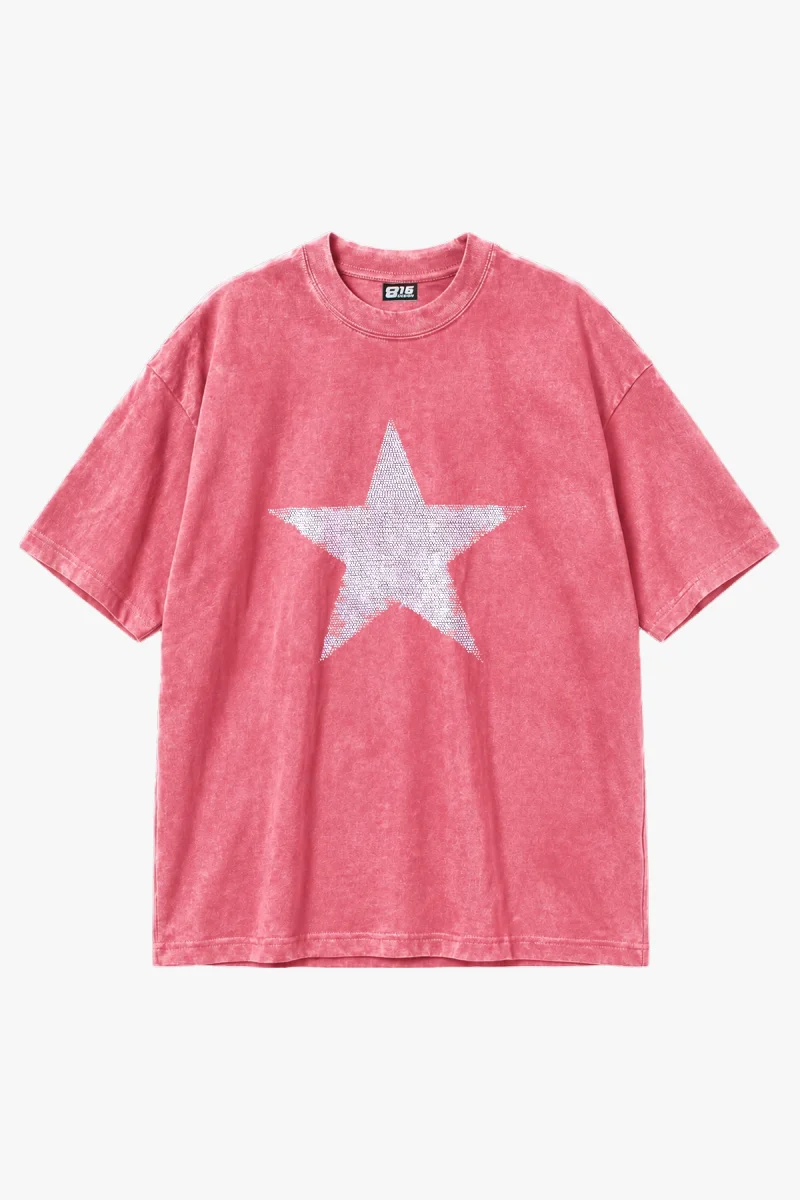 Yıldız Taş Baskılı Oversize Unisex Yıkamalı Pembe Tshirt