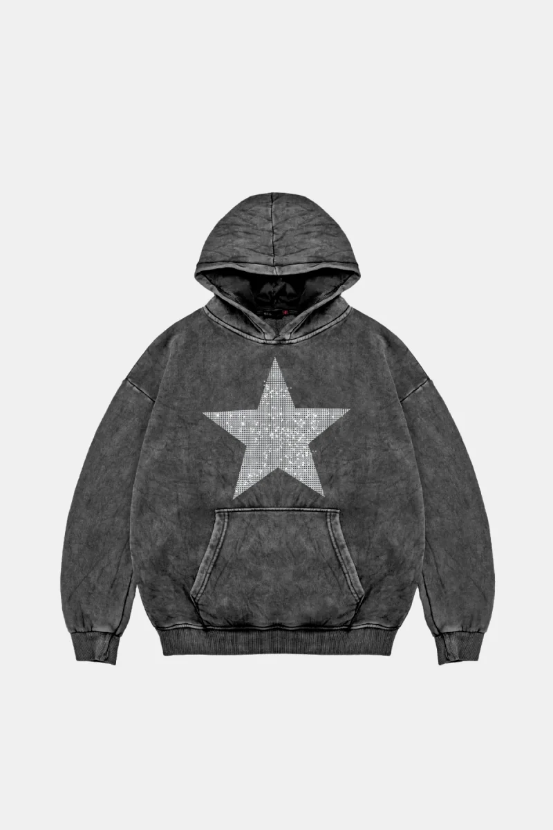Yıldız Taş Baskılı Oversize Unisex Yıkamalı Siyah Hoodie