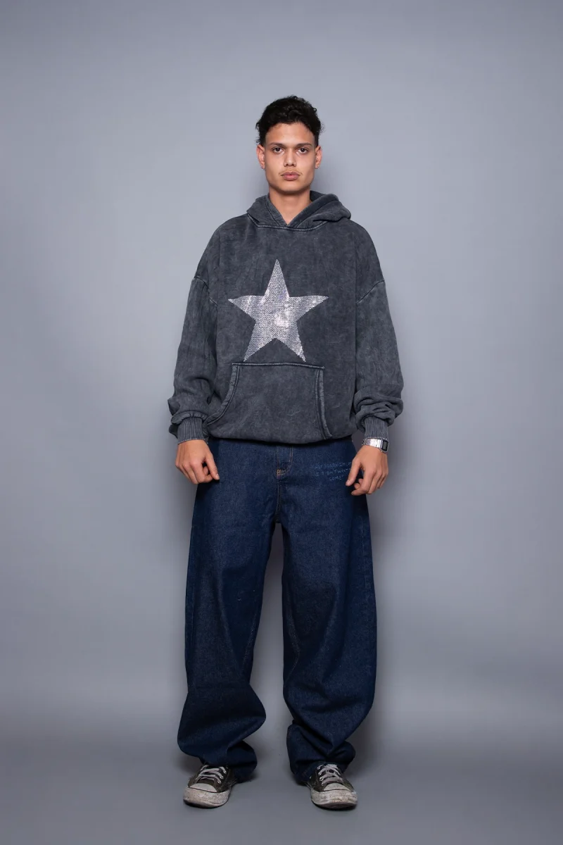 Yıldız Taş Baskılı Oversize Unisex Yıkamalı Siyah Hoodie