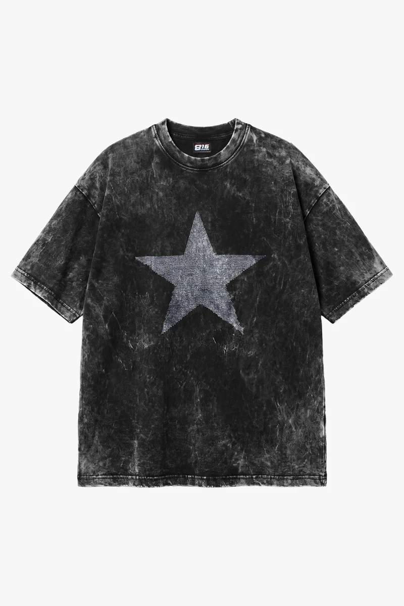 Yıldız Taş Baskılı Oversize Unisex Yıkamalı Siyah Tshirt