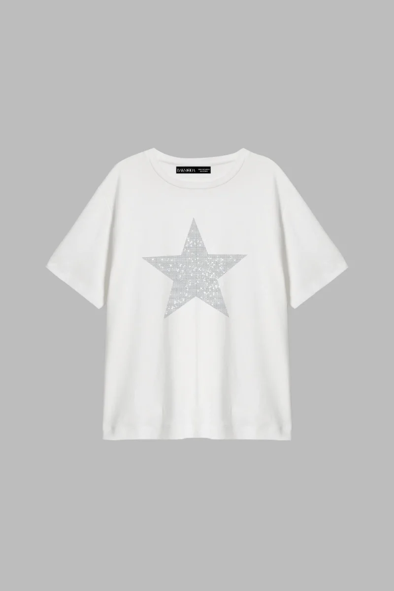 Yıldız Taş Baskılı Relaxed Fit Beyaz Kadın Tshirt