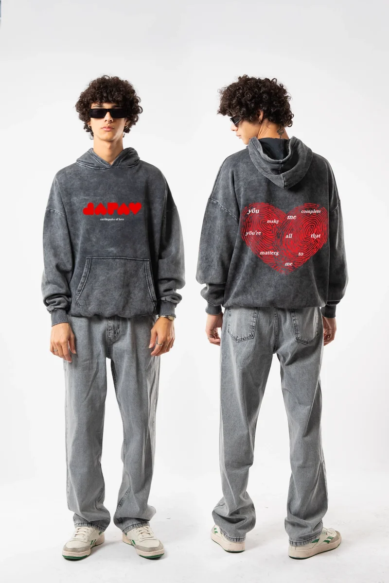 You Make Me Complete Baskılı Oversize Unisex Yıkamalı Siyah Hoodie