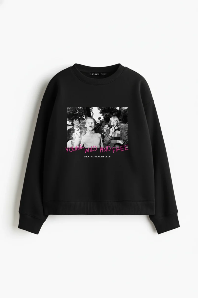 Young Wild N Free Baskılı Kapüşonsuz Relaxed Fit Kadın Siyah Sweatshirt