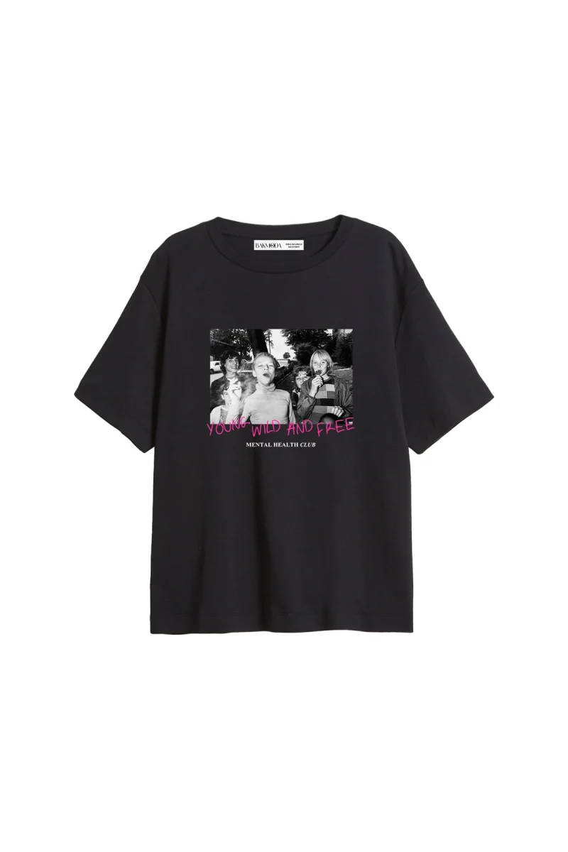 Young Wild N Free Baskılı Relaxed Fit Siyah Kadın Tshirt