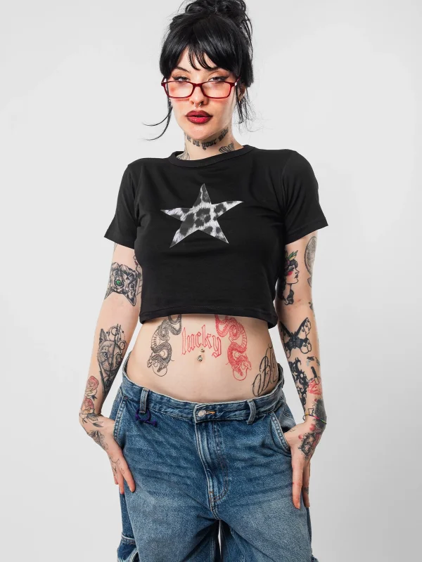 V2 Leopar Star Baskılı Siyah Crop Top