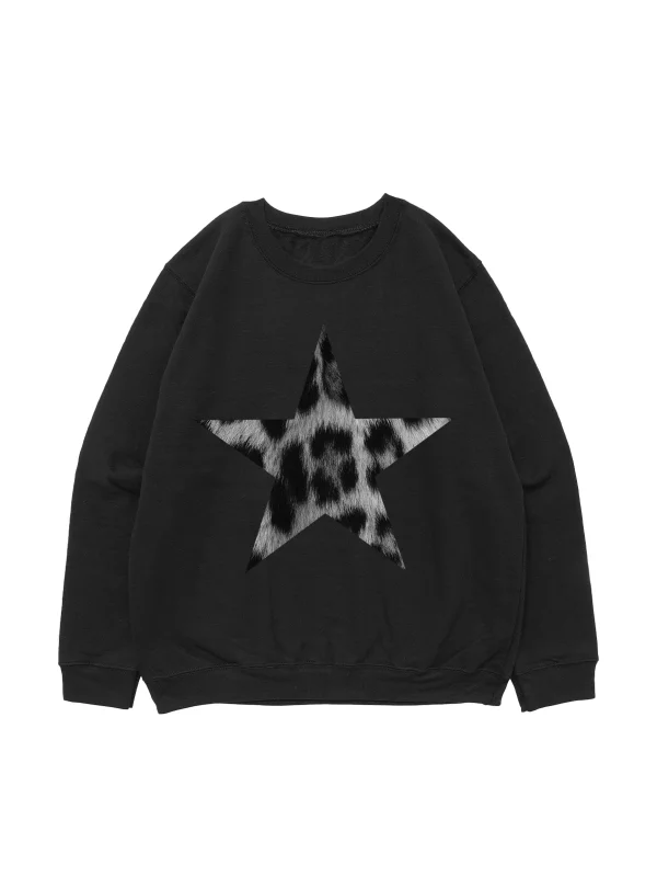 V2 Starz Leopar Baskılı Baskılı Siyah Oversize Unisex Sweatshirt
