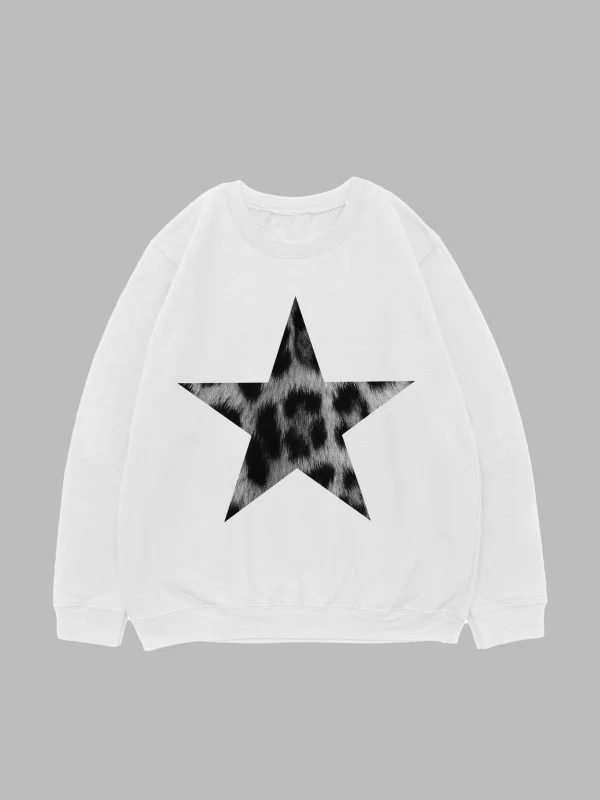 V2 Starz Leopar Baskılı Beyaz Oversize Unisex Sweatshirt