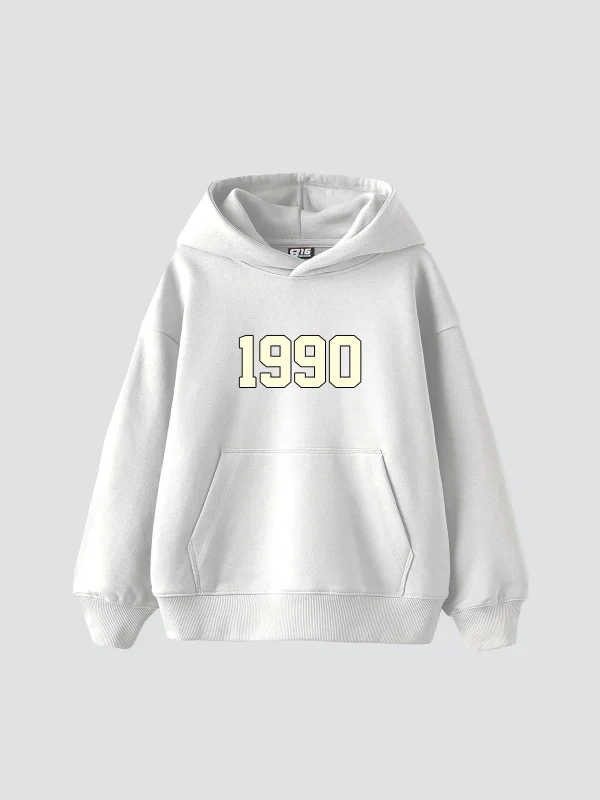 1990 Baskılı Oversize Unisex Beyaz Hoodie