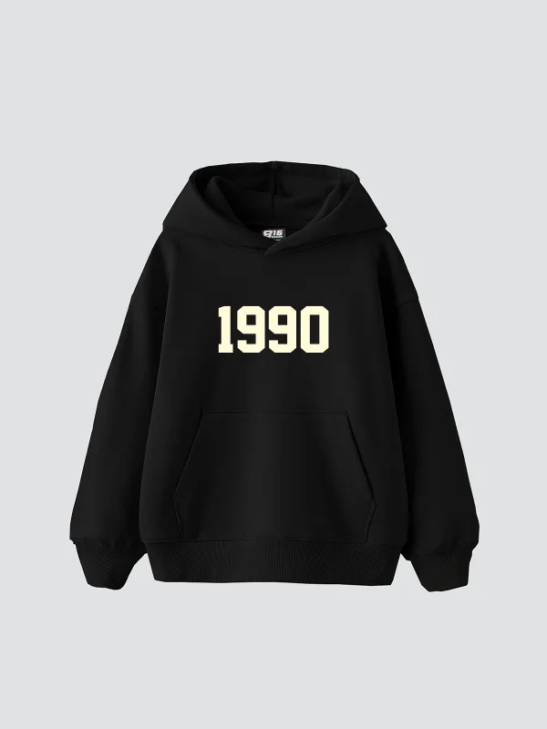 1990 Baskılı Oversize Unisex Siyah Hoodie