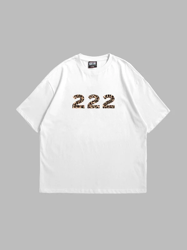222 Leopar Baskılı Oversize Unisex Beyaz Tshirt
