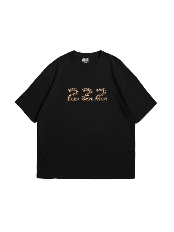 222 Leopar Baskılı Oversize Unisex Siyah Tshirt