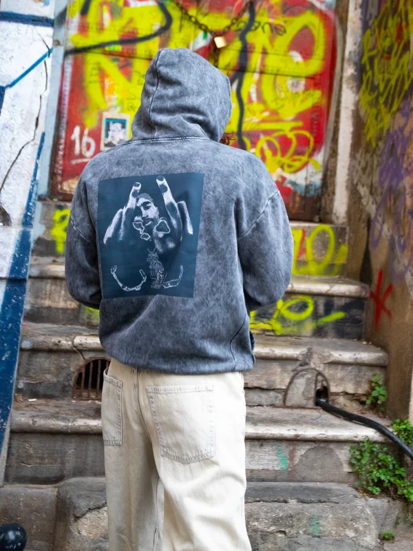 All Eyez On Me Baskılı Oversize Unisex Premium Yıkamalı Siyah Hoodie