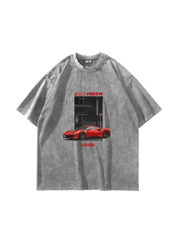 488 Pista Baskılı Oversize Unisex Yıkamalı Beyaz Tshirt