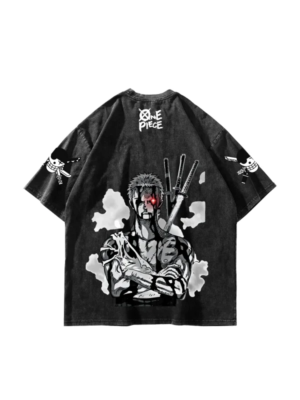 Roronoa Zoro Baskılı Oversize Unisex Yıkamalı Siyah Tshirt
