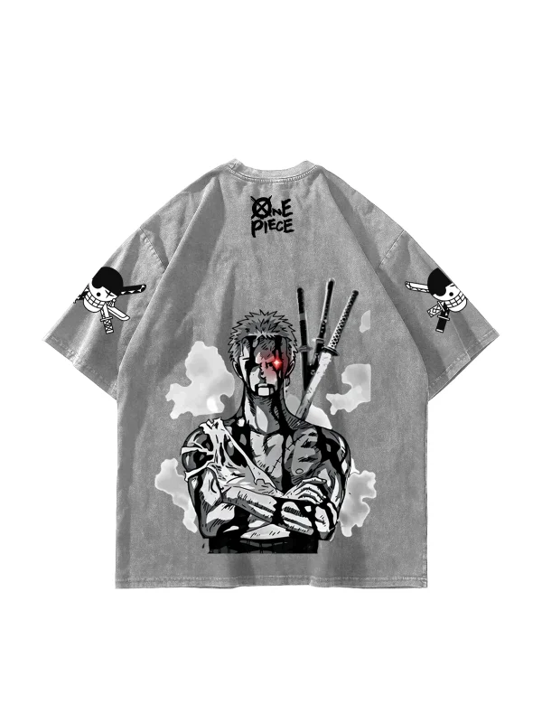 Roronoa Zoro Baskılı Oversize Unisex Yıkamalı Beyaz Tshirt