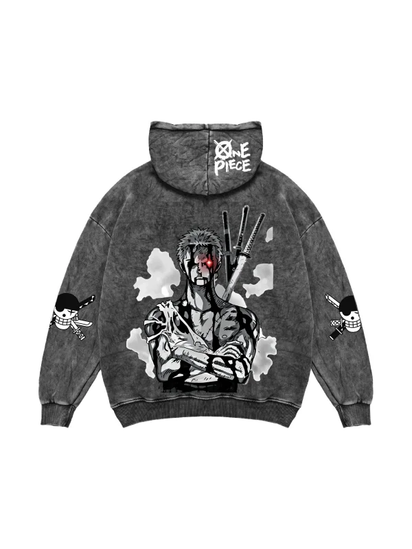 Roronoa Zoro Baskılı Oversize Unisex Yıkamalı Siyah Hoodie