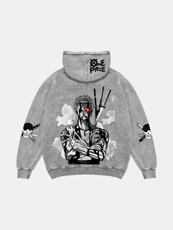 Roronoa Zoro Baskılı Oversize Unisex Yıkamalı Beyaz Hoodie