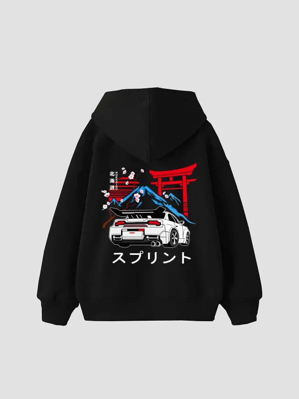 Japanese Honda Sakura Baskılı Oversize Unisex Siyah Hoodie