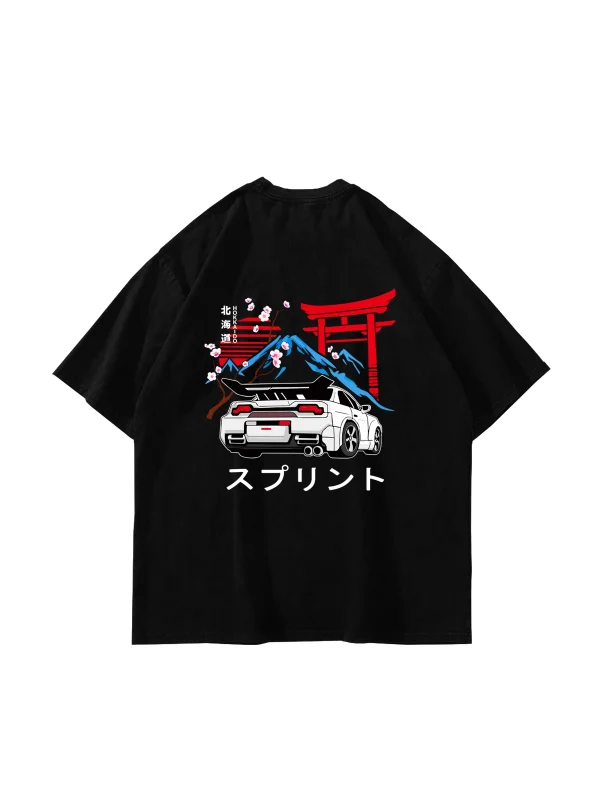 Japanese Honda Sakura Baskılı Oversize Unisex Siyah Tshirt