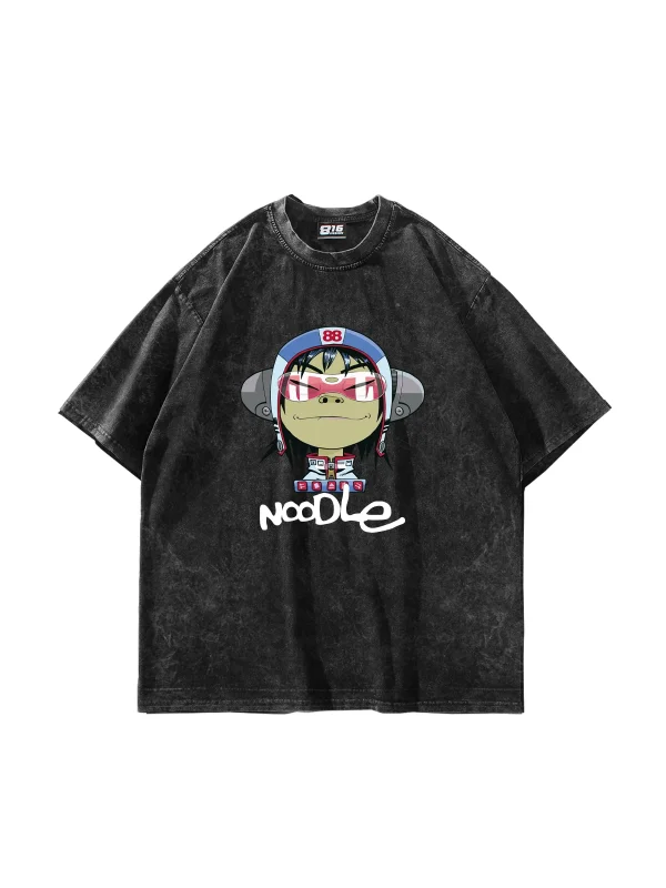 Gorillaz Noodle Baskılı Oversize Unisex Yıkamalı Siyah Tshirt
