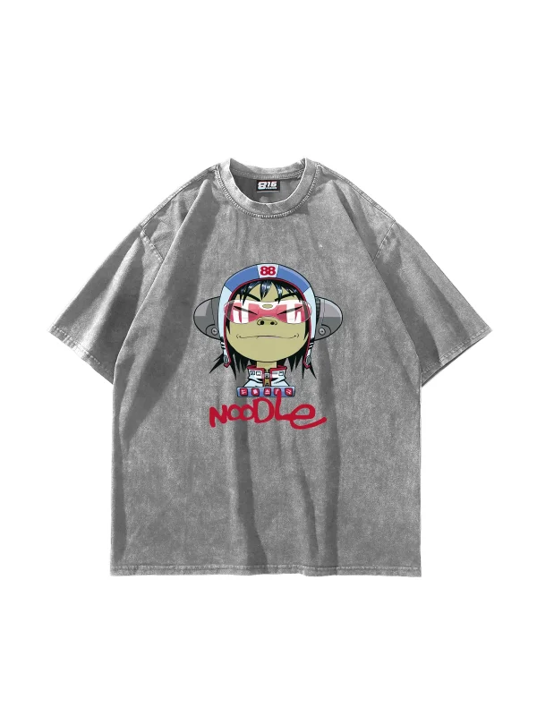 Gorillaz Noodle Baskılı Oversize Unisex Yıkamalı Beyaz Tshirt