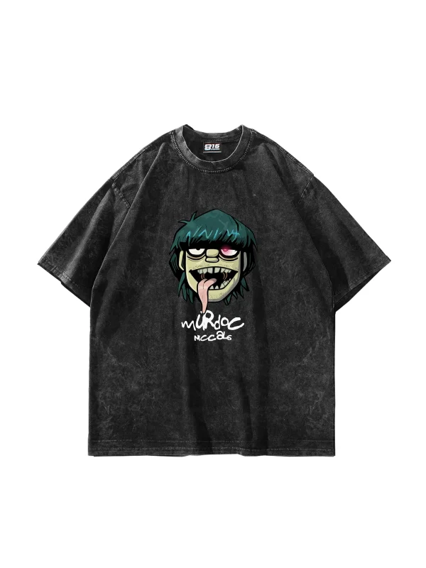Gorillaz Murdoc Baskılı Oversize Unisex Yıkamalı Siyah Tshirt