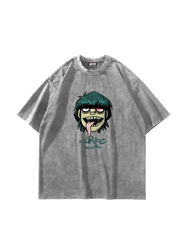 Gorillaz Murdoc Baskılı Oversize Unisex Yıkamalı Beyaz Tshirt