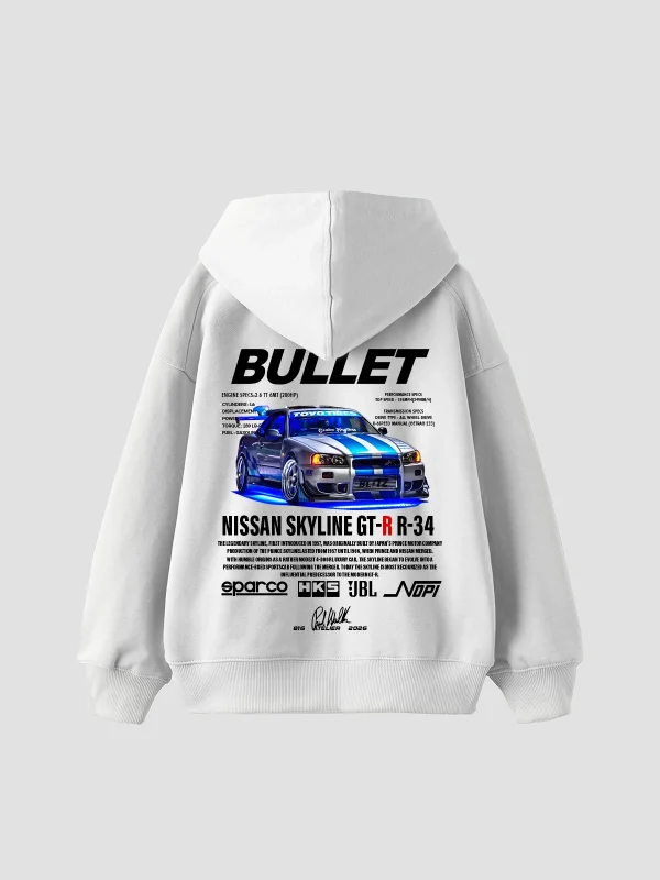Bullet Baskılı Oversize Unisex Beyaz Hoodie