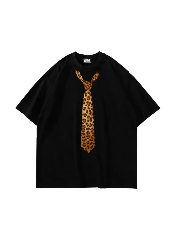 Tie Leopard Baskılı Oversize Unisex Siyah Tshirt