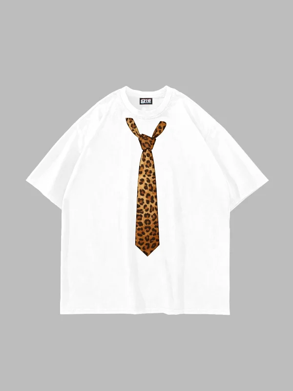Tie Leopard Baskılı Oversize Unisex Beyaz Tshirt